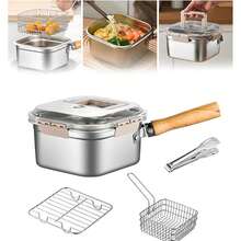 Square Deep Fryer With Frying Basket, Wooden Handle Stainless Steel Mini Fryer, Detachable Handheld Basket Design, Multi-Functional Deep Mini Fryer, Oil-Saving Small Fryer, Suitable For Frying Onion Rings, French Fries, Chicken Nuggets, Snacks, Compatible With Induction Cooktop And Open Flame, Home Kitchen Frying Tool, Oil Filtration Integrated Pot, Portable Small Deep Fryer, Kitchen Frying Cooking Tool, Family Fried Chicken, Fried Shrimp, Fried Food Dedicated Cookware - View 2