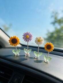 Cute Spring Swaying Flower Car Dashboard Ornament, Sunflower Daisy Purple Chrysanthemum Shaking Decoration, Adhesive Center Console Screen Top Car Interior Decor - A - View 4