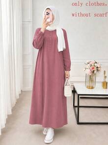 Solid Color Round Neck Half-Button Front Long Dress, Casual Elegant All-Season Dress Fall - Dusty Pink - View 2