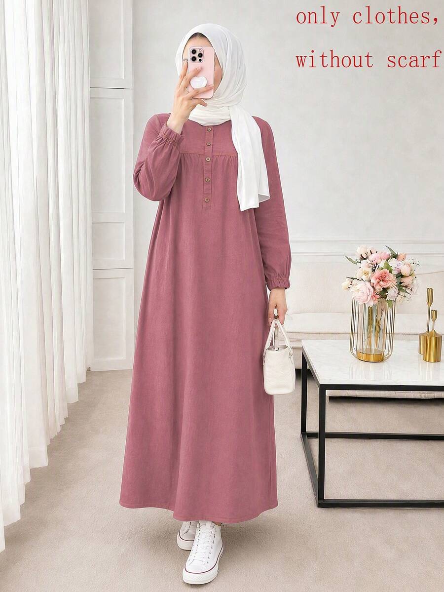 Solid Color Round Neck Half-Button Front Long Dress, Casual Elegant All-Season Dress Fall