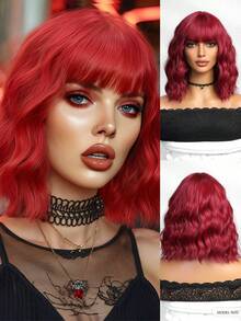 Blue Pink Orange Ombre 12Inch Synthetic Wig Full Bangs Water Wave Bob Layered Cut Vibrant Cosplay Look Fashion Accessory For Daily, Party, Halloween & Christmas - Multicolor - View 14