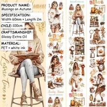 2m/Rolle Beautiful Lady PET Washi-Klebeband mit Ahornblättern, transparente Rollenaufkleber, dekoratives Klebeband für Scrapbooking, Journaling und ästhetische Schreibwaren - Stil - Übersicht 14