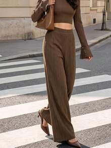 Women Fall Pleated Wide Leg Pants, High Elastic Waist Side Pockets Textured Knit Loose Straight Trousers - Coffee Brown - View 7
