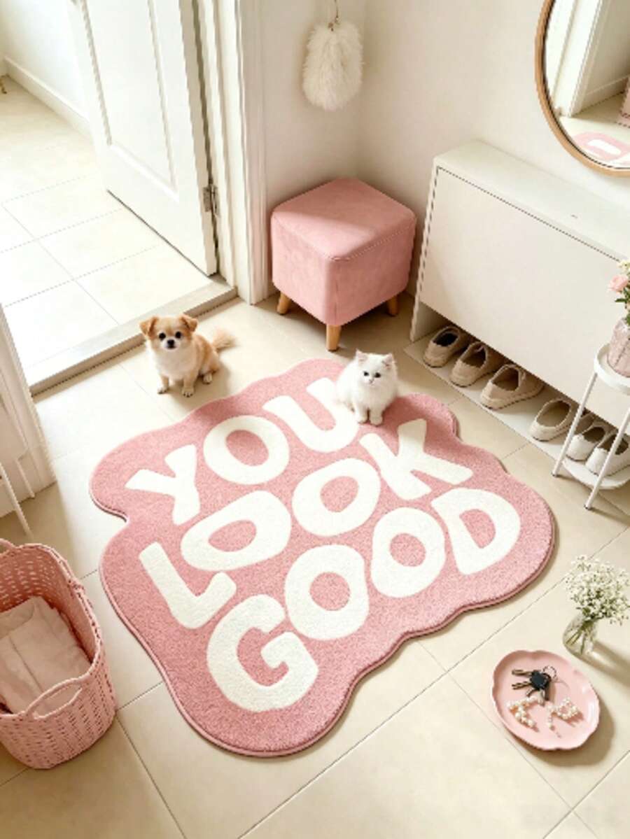 1 pieza Alfombra decorativa con letras rosa & blanco, alfombra gruesa, alfombra de felpa, alfombra de otoño/invierno, alfombra de cocina, tapete de cocina, alfombra de cocina, felpudo, alfombra pequeña, alfombra, alfombra pasillo, tapete de piso - Multicolor - Ver 1