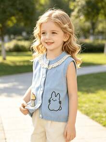 WUHUANG YIYI Baby Girls Sweet Cute Style Round Neck Lace Trim Solid Color Handmade Cartoon Cat Design Sweater Vest Cardigan Loose Fit Suitable For Daily Outing Autumn - Baby Blue - View 6