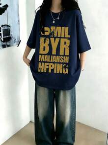 Kaos Wanita Gaya Jepang Model Longgar Kasual Leher Bulat Lengan Pendek dengan Motif Huruf Kartun, Serbaguna untuk Musim Semi dan Musim Panas - Navy Blue - View 5