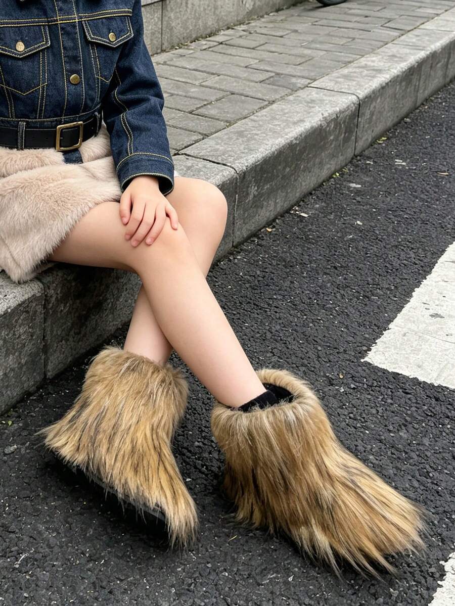 1 Pair Kids Gradient Striped Long Fur Plush Ankle Boots, Loose Cuff Style, Playful Outfit, Suitable For Holiday Atmosphere, Perfect For Winter Outings - Brown - View 1