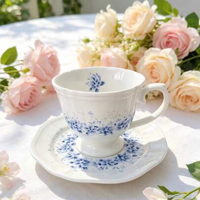 Floral Series 200ml Ceramic Cup And Saucer Set, Elegant Afternoon Tea Cup, Coffee Cup And Saucer Set