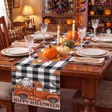 1pc Halloween Pumpkin Ghost Bat Spider Web Truck Plaid Print Table Runner, Suitable For Holiday, Party, Birthday, Dinner, Restaurant Table Decor, Autumn/Winter Halloween Home Decoration - A - View 2
