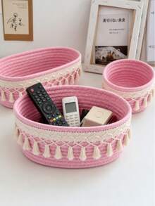 1pc Bohemian Style Tassel Woven Basket, Living Room Desktop Storage Basket, Multi-Functional Oval Storage Basket, 3 Sizes Available, Suitable For Living Room, Bedroom, Desk And Bedside, Perfect For Desktop Storage - Pink - View 5