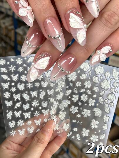 Conjunto de 2 peças de autocolantes para unhas com efeito laser, pétalas de borboleta, flor, floco de neve e meteoro, branco iridescente, para decoração de manicure elegante e puro branco