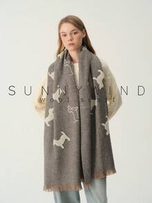 1pc Women's Dachshund Embroidered Cute Fashion Versatile Wool Scarf, Warm Essential For Autumn/Winter Daily Wear - Grey - View 3