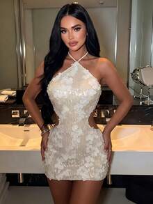 SYchuan Women's Fashion Sleeveless Halter Neck Fitted Mini Dress, Shiny Sequin Decor, Sexy Backless Design, Suitable For Holiday Events - Apricot - View 3