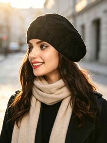 Women Cable Knit Beret Hat, Warm Solid Color Slouchy Beanie, Fall Winter Soft Knitted Cap - Multicolor - View 6