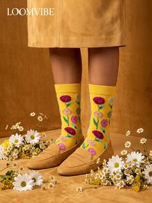 1 Pair Unisex Bright Yellow Background Vintage Floral Pattern Flat Print Breathable Retro Pastoral Style Mid-Calf Socks Suitable For Daily Wear - Multicolor - View 2