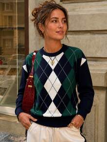 Women's Argyle Knit Crew Neck Sweater, Preppy Vintage Back To School Style, Loose Fit Top For Autumn/Winter Fall - Green - View 3