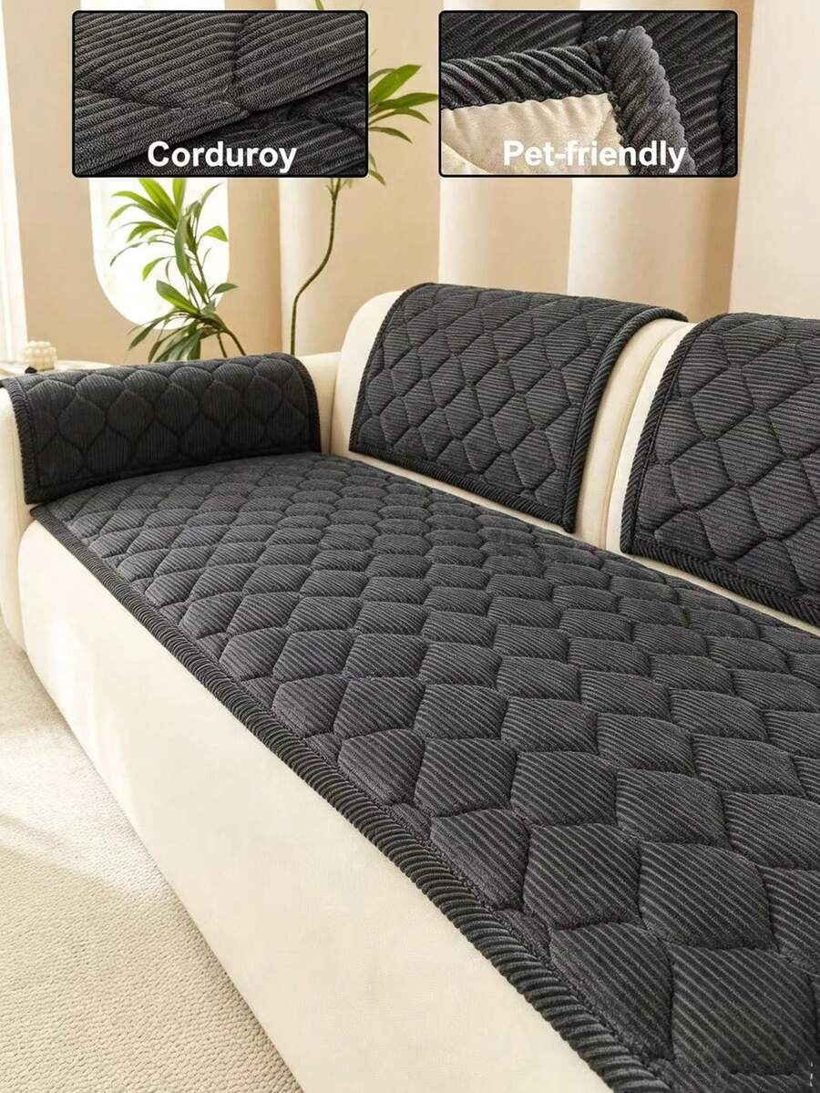 1pc Geometric 3D Solid Color Corduroy Quilted Sofa Cushion, Minimalist Style, Non-Slip Back, Pet-Friendly, Soft Multi-Functional Anti-Dirt Anti-Dust, Holiday Decor Sofa Cushion, Backrest Cover Armrest Cover Universal, All-Season Sofa Cover - Dark Grey - View 1