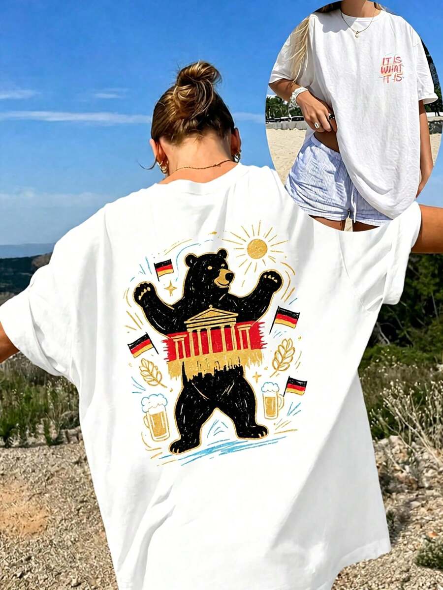Casual Oversized Round Neck Drop-Shoulder T-Shirt By Mme Xia, Plus Size, Comfortable And Slightly Elastic. - 白色4 - 查看 1