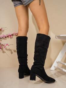 Fashionable Versatile Pointed Toe High Heel Slouchy Long Boots For Women, Autumn/Winter New Thick Heel Tall Boots Slimming Plus Size Riding Boots - Black - View 4