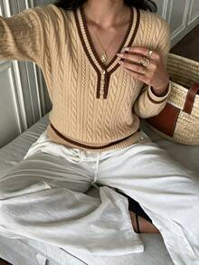 Teen Girls Elegant V-Neck Button Cable Knit Pullover Sweater, Fashion Minimalist Colorblock Casual Versatile Knit Top - Khaki - View 5