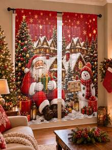 2 Peças Cortinas com Tema de Natal, Elementos Fofos de Papai Noel e Boneco de Neve, Segurando Presentes, Adequado para Decoração de Casa de Feriado de Natal, Decoração de Casa, Decoração de Atmosfera de Sala de Estar e Quarto, Decoração de Feriado de Natal 2027. Cortinas Semitransparentes com Passante para Vara. - Multicolorido A - Visão 8