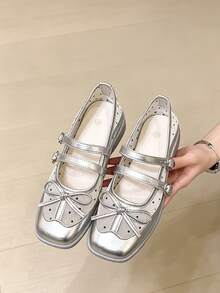 Women's Breathable Square Toe Thick Sole Mary Jane Shoes, Double Buckle Bow, Silver Sweet Cool Girl Spring Summer Versatile Shoes - Silver - View 2