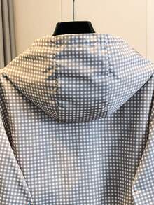 Petite Plaid Drawstring Hooded Jacket For Women, Autumn Design Style, Dropped Shoulder Lantern Sleeve, Lightweight Loose Versatile Jacket For Spring And Autumn - Plaid - View 9