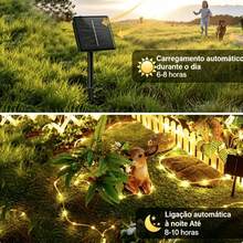 Pisca Pisca Luz Led Codão Solar IP65 À Prova D'água,8 Funções De Iluminação, Fio Verde Escuro,Para Decoração Natalina,Jardim,Área Externa Ao Ar Livre,Disponível Em Cores Colorida,Branco Quente,Branco Frio,Tamanhos 12m 22m - Cordão de luzes verde-escuro com fio, alimentado por energia solar - Visão 3