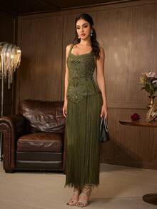 Elegant Women's Sleeveless Square Neck Beaded Tassel Long Formal Gown, Suitable For Evening Parties And Balls - Olive Green - View 9