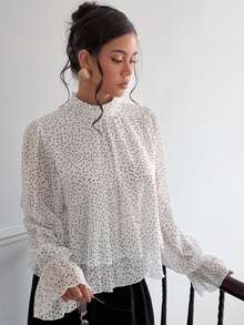 White Polka Dot Faux Collar Back Tie Bow Chiffon Blouse, Long Flared Sleeves, Pleated Layered Hem, Cropped, Summer - Black and White - View 4