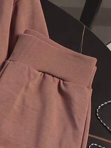 Lurzo Autumn/Winter 2 Pieces Set For Teen GirlBrown Hoodie And Wide Leg Pants, Ribbed Patchwork Casual Sportswear, Y2K, Daily Outdoor/Back To School/Holiday - Brown - View 8