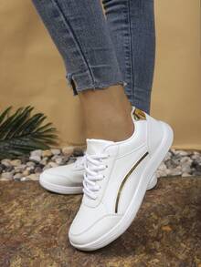 Women's Plus Size Wide Toe Box Minimalist Artificial Leather Metal Stripe Decor Front Lace-Up Barefoot Shoes For Outdoor Sports - Platinum - View 5