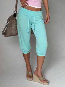Women Fold Over Waist Capri Joggers,Drawstring Elastic Cuff Cropped Pants,Soft Knit For Summer,Athleisure,Gym,Holiday,Daily Wear - Baby Blue - View 5