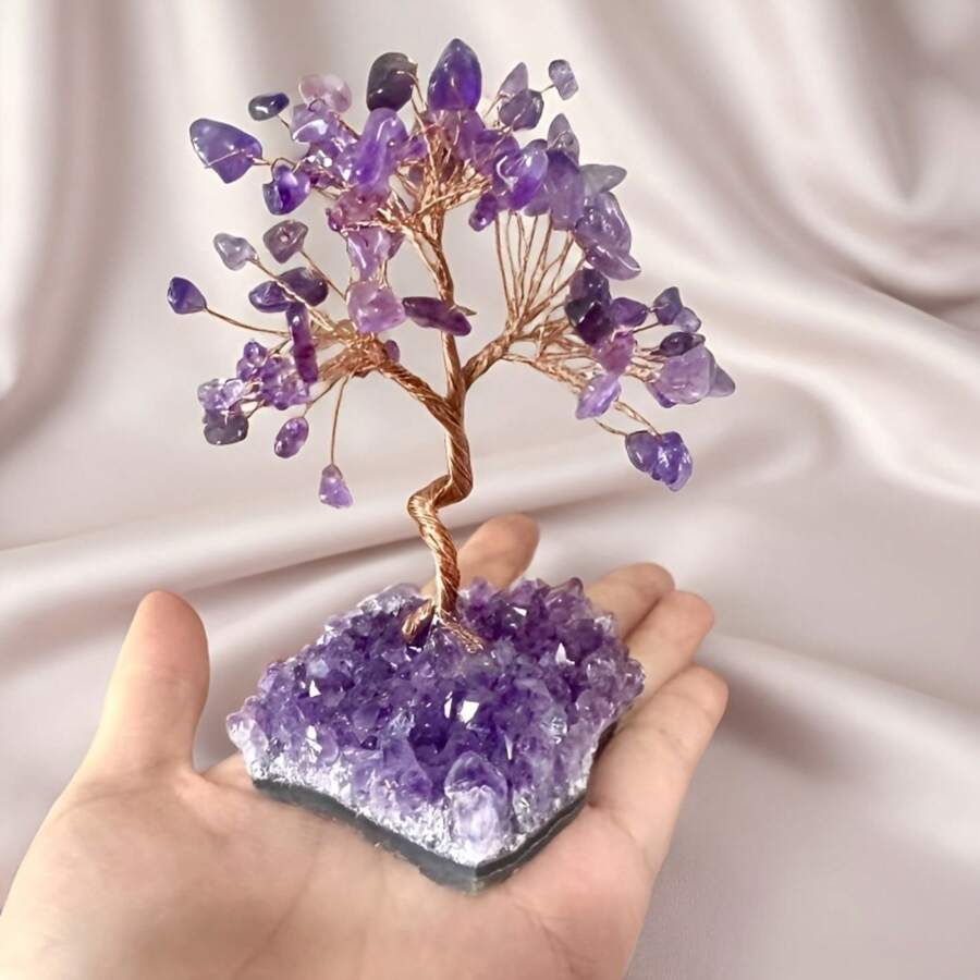 A Random Natural Amethyst Cluster Tree With Copper Wire | Handmade Crystal Sculpture, Suitable For Desktop Decoration, Office Ornaments, Unique Gifts