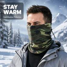 1pc Camouflage Warm Fur Collar Neck Warmer, With Adjustable Elastic Band Windproof Face Mask, Suitable For Skiing, Cycling And Outdoor Sports Winter Neck Protection - Army Green - View 2