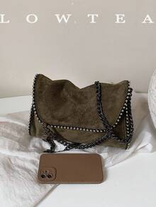 low tea 1pc Fashion Square Flap Suede Crossbody Bag Suitable For Commuting, Shopping And More - Dark Green - View 4