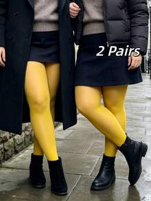 1/2Pcs New Shiny Glossy Pantyhose, Breathable True Seamless Tights, Plus Size Widened Basic Stockings, Fashion Women Outfits Perfectly Match Dresses - Yellow - View 1
