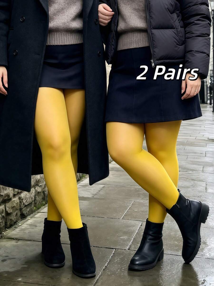 1/2Pcs New Shiny Glossy Pantyhose, Breathable True Seamless Tights, Plus Size Widened Basic Stockings, Fashion Women Outfits Perfectly Match Dresses - Yellow - View 1