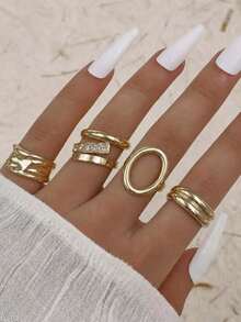 5Pcs Vibe Commute‑Style Alloy Gold‑Plated Smooth Hollow Rhinestone Mixed Ring Set For Women, Vacation Shooting Gift Accessories - Gold 6 - View 1