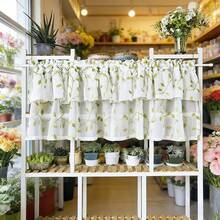 1pc Pastoral Style Green Leaf Print Double Layer Sheer Curtain, Semi-Transparent Pleated Coffee Curtain, Rod Pocket Kitchen Window Short Curtain, Bathroom Dust-Proof Privacy Small Curtain - Green - View 2
