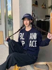 Korean Style Deep Blue Letter Knit Cardigan Women's Autumn/Winter New Round Neck Jacket Fashion Versatile Top - Navy Blue - View 2