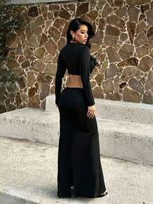 Women's Sexy Classy Black Long Sleeve Deep V Neck Maxi Dress Featuring Ruffle & Cut Out Details, Perfect For Formal Events & Prom - Black - View 2