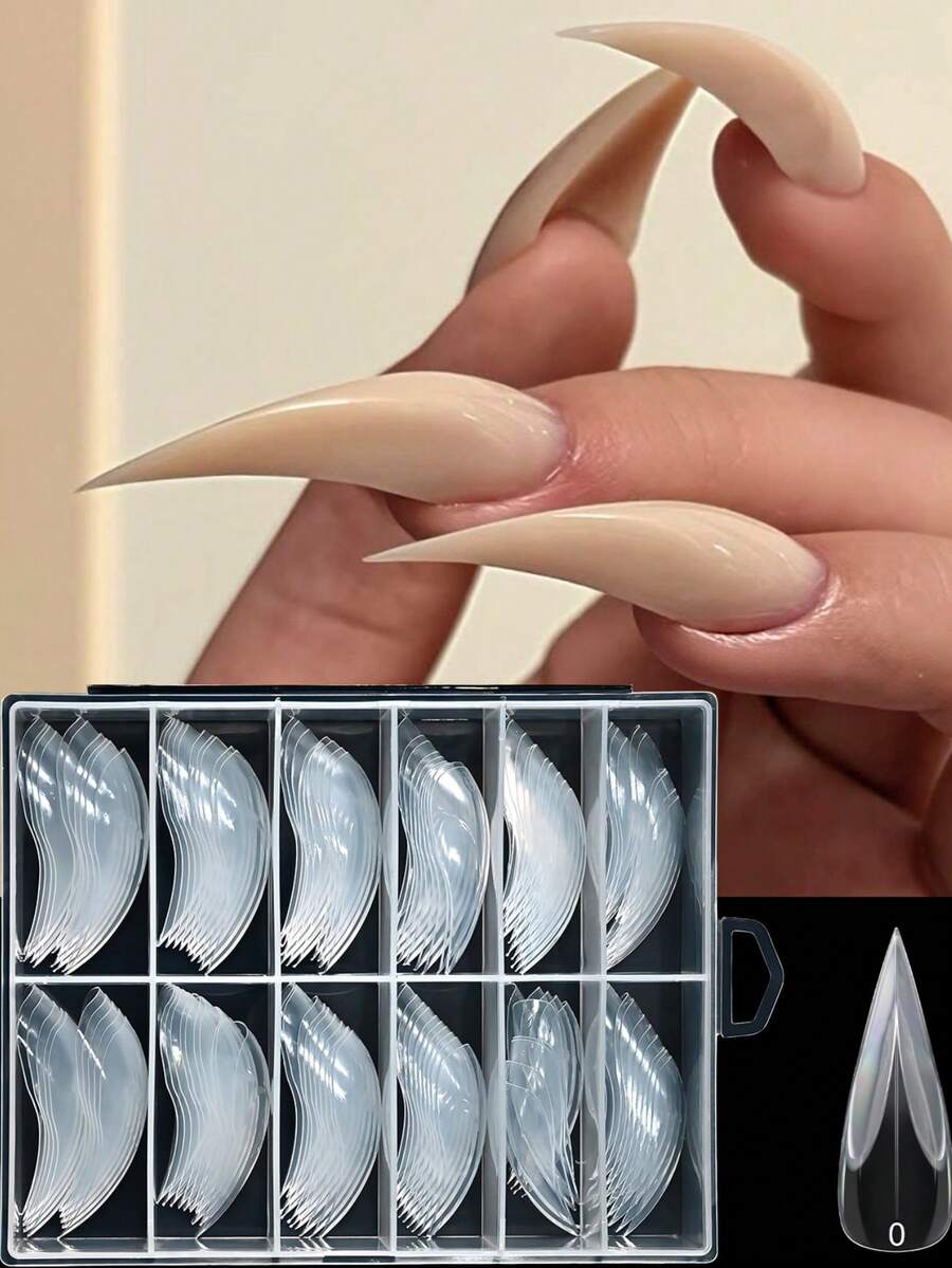 120Pcs Boxed Hawk Claw Curved Stiletto False Nail Forms ,Transparent Full Cover Extreme Curve Nail Tips,Multi‑Sizes ABS Nail Extension Tips For Salon & DIY Nail Art Supplies