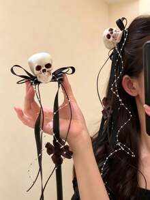Jepit Rambut Tengkorak Halloween dengan Dasi Kupu-Kupu Hitam dan Pita, Gaya Gotik Gelap, Jepit Rambut Samping Keren dan Manis Terbaru - MultiWarna - View 1