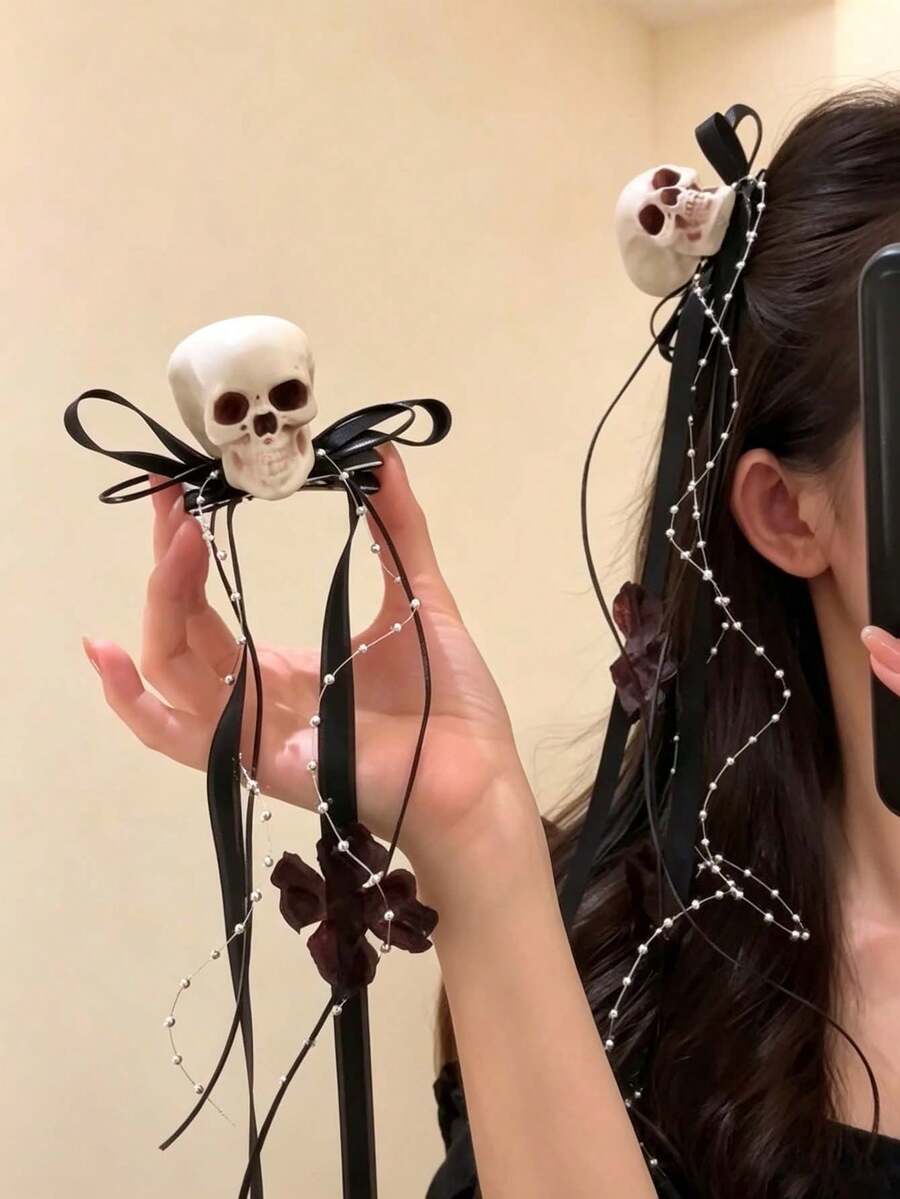 Jepit Rambut Tengkorak Halloween dengan Dasi Kupu-Kupu Hitam dan Pita, Gaya Gotik Gelap, Jepit Rambut Samping Keren dan Manis Terbaru - MultiWarna - View 1