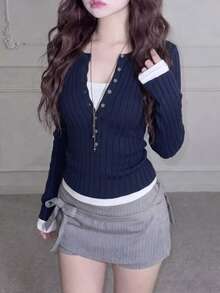 Autumn New Korean Style Slim Fit Button Knit Sweater, Versatile Long Sleeve Base Layer Top Vacation Fall - Navy Blue - View 4
