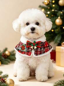 1pc Pet Christmas Cape Collar, Plaid Dog Shawl With Bow And Bell, Christmas Holiday Costume Accessory, Soft Fleece Trim Neck Decor, Suitable For Small Dogs And Cats, Holiday Party Photo Prop Gift - Multicolor - View 9