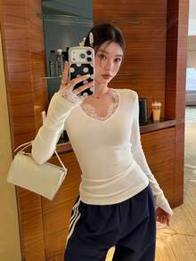 Autumn/Winter New Layering Sexy High Elasticity Dyed Lace Patchwork V-Neck Slimming White Base Layer Top For Women - White - View 4