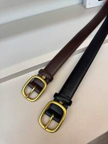 2件組黑色與咖啡色女款極簡時尚休閒PU皮革裝飾腰帶，適用牛仔褲 - 黑色+咖啡色 - 查看 3