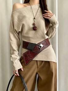 1pc Women's Rivet Elastic Waist Belt, Red Semi-Circular Single Buckle Casual Minimalist Set Decorative Leather Belt, Suitable For Daily Wear, Suitable For Summer, School, Autumn And Halloween. - Multicolor - View 2